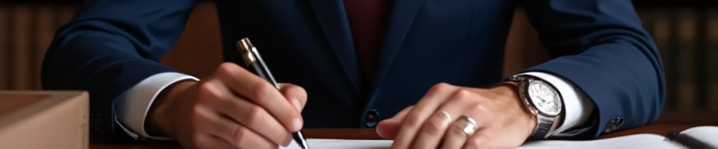 Assinatura de documento em mesa de madeira